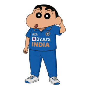 Shinchan wearing the Indian cricket team jersey, smiling and posing, isolated on a transparent background.