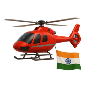 Illustration of a helicopter flying with the Indian tricolor flag, isolated on a transparent background.