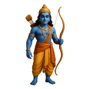 A stunning 3D rendering of Lord Shree Ram standing gracefully, holding a bow and arrow, dressed in royal attire, with a calm and divine expression on a transparent background.