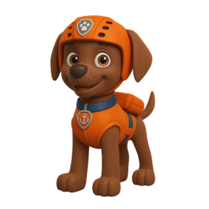 Illustration of Zuma, the water rescue pup from Paw Patrol, wearing his orange helmet and uniform, smiling brightly, isolated on a transparent background.