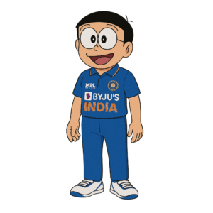 Nobita standing in the Indian cricket jersey, smiling proudly, isolated on a transparent background.