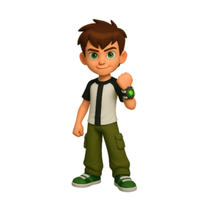 Illustration of Ben 10 in superhero pose from the animated series, isolated on a transparent background.