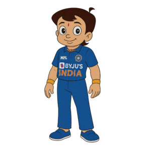 Chhota Bheem wearing the Indian cricket team jersey, smiling and ready to play, isolated on a transparent background.