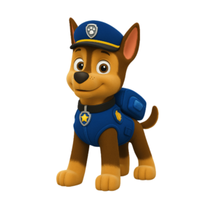 Illustration of Chase, the police pup from Paw Patrol, in full uniform, isolated on a transparent background.