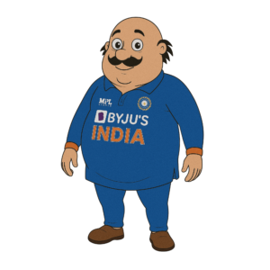 Motu wearing an Indian cricket team jersey, smiling and posing on a transparent background.