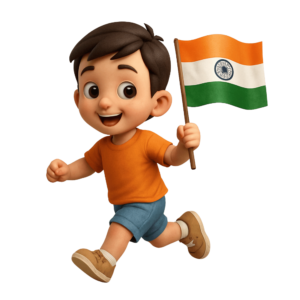 Cute baby running while holding the Indian tricolor flag, isolated on a transparent background.