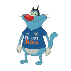 Cartoon character Oggy wearing an Indian cricket team jersey, standing cheerfully on a transparent background.