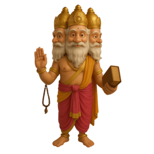 A 3D-rendered Brahma Dev with four heads, seated on a lotus, holding sacred items, isolated on a transparent background.