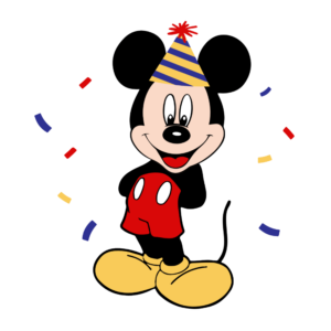 Illustration of Mickey Mouse in a celebration pose with party elements, isolated on a transparent background.