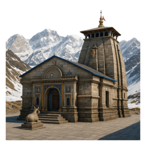A snow-covered Kedarnath Temple framed by Himalayan peaks, isolated on a transparent background.