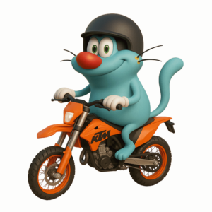 Cartoon Oggy riding a KTM bike in transparent PNG format