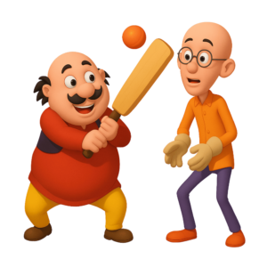 Motlu and Patlu in action playing cricket, in a fun animated style on a transparent background.