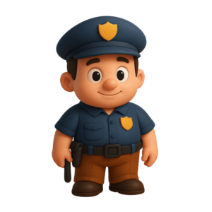 A 3D police officer in full uniform with gear, standing confidently on a transparent background.
