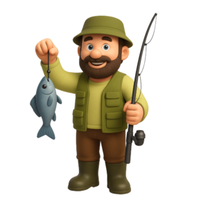 3D fisherman holding a fishing rod in a casting pose with transparent background