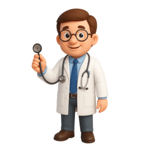 A 3D rendered doctor character in a white lab coat with a stethoscope, standing confidently on a transparent background.