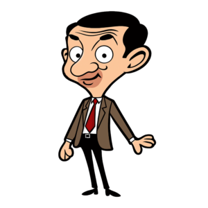 A transparent PNG of Mr Bean in a classic comedic pose, wearing his brown suit and red tie.