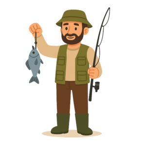 A vector image of a fisherman holding a fishing rod by a lake, available in silhouette and detailed styles.
