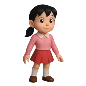 A charming 3D rendering of Shizuka from Doraemon, wearing her signature outfit, smiling sweetly, isolated on a transparent background.