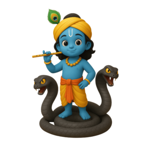 3D transparent PNG of Shree Krishna standing on Kaliya Nag’s hood in HD.