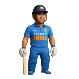 A realistic 3D rendering of an Indian cricket batsman in blue jersey mid-swing with a cricket bat, isolated on a transparent background.
