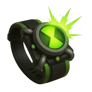 A high-quality illustration of the Ben 10 Omnitrix watch with glowing green lights and metallic details, isolated on a transparent background.