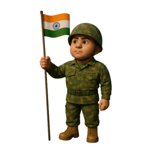 A 3D-rendered Indian Army soldier in camouflage uniform, standing in salute position, isolated on a transparent background.