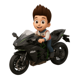 Illustration of Ryder from Paw Patrol riding a ninja bike, isolated on a transparent background.