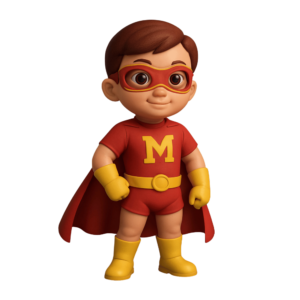 A cute 3D baby superhero with chubby cheeks, big eyes, and a tiny cape, wearing a colorful superhero costume, isolated on a transparent background.