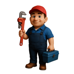 A 3D plumber character holding tools, wearing a work uniform, isolated on a transparent background.