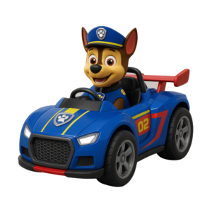 Illustration of Chase from Paw Patrol driving a racing car, isolated on a transparent background.