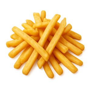 Transparent PNG of crispy French fries served in a box.