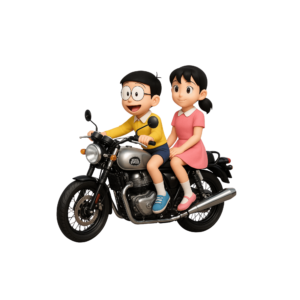 Nobita and Shizuka Riding Royal Enfield PNG transparent cartoon image for fan edits and creative designs