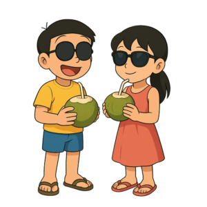 Nobita and Shizuka in Beach PNG transparent cartoon image for fan edits and summer-themed creative projects