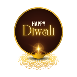 Transparent PNG of colorful “Happy Diwali” text with glowing diyas and fireworks, ideal for festival greetings, banners, and posters.