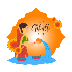 Transparent PNG of “Happy Chhath Puja” greeting with sun, devotees, and traditional offerings, symbolizing devotion and gratitude to the Sun God.