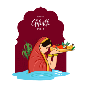 Transparent PNG of Chhath Puja celebration with devotees offering prayers to the rising sun, symbolizing purity, devotion, and gratitude.