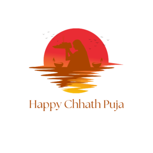 Transparent PNG of “Happy Chhath Puja” greeting with devotees offering prayers to the Sun God, traditional baskets, and river scenery, ideal for festive and devotional designs.