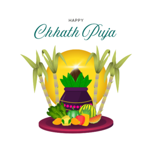Transparent PNG of “Happy Chhath Puja” greeting with devotees offering prayers to the Sun God, traditional baskets, and river scenery, suitable for festive and devotional designs.
