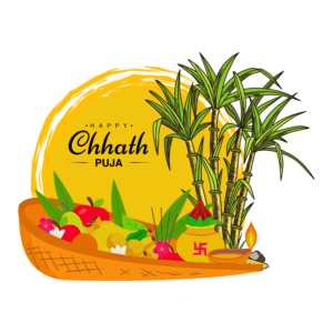 Transparent PNG of Chhath Puja showing devotees offering prayers to the rising or setting sun with traditional baskets and offerings, suitable for religious and cultural design projects.