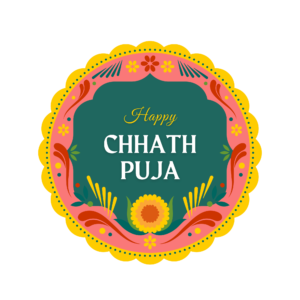 Transparent PNG of Chhath Puja celebration showing devotees offering prayers to the Sun God with traditional baskets and offerings during sunrise and sunset, ideal for festive and devotional designs.