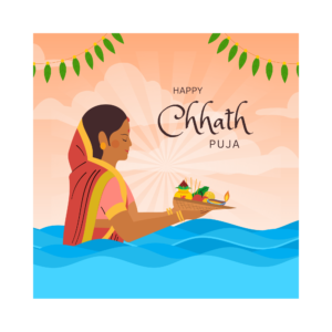 Transparent PNG of Chhath festival showing devotees offering prayers to the Sun God with traditional baskets and offerings during sunrise and sunset.