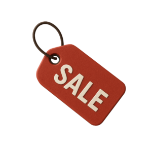 Transparent PNG of a three-dimensional sale tag suitable for promotional banners, marketing graphics, and discount advertisements.