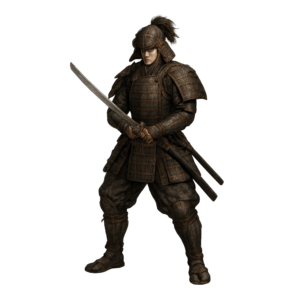 Transparent PNG of a samurai anime warrior holding a sword in a dynamic fighting pose, inspired by Japanese culture.