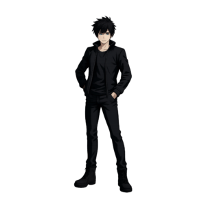 Transparent PNG of a stylish anime boy wearing a black jacket in a modern Japanese anime art style.