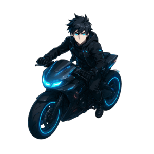 Transparent PNG of an anime-style character riding a motorbike in a dynamic, action-themed pose.