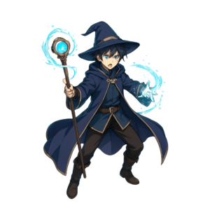 Transparent PNG of an anime wizard casting a magic spell in fantasy style.