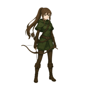 Transparent PNG of an anime-style female archer ready to shoot an arrow in a dynamic fantasy pose.