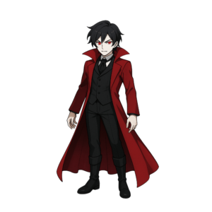 Transparent PNG of an anime vampire wearing a long red coat in a dark fantasy anime art style, perfect for dramatic and mysterious compositions.