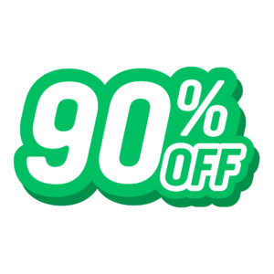 Transparent PNG of a bold “90% OFF” discount label used for promotional banners and online sale advertisements.