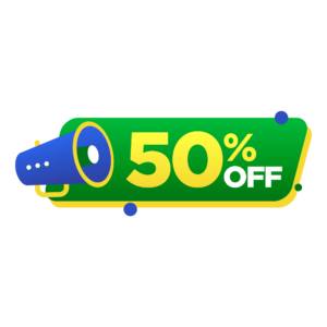 Transparent PNG of a 50% OFF discount label, ideal for eCommerce, marketing, and promotional sale designs.
